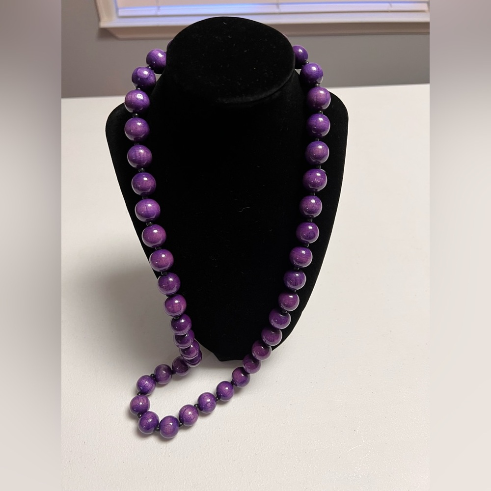Purple and Black Beaded Wood Vintage Necklace